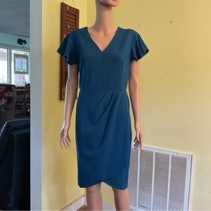 BEAUTIFUL TEAL FAUX WRAP DRESS, SIZE L. NWOT